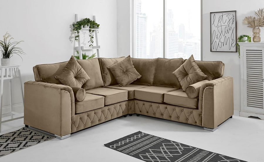 Plush Velvet Mink Corner Sofa 5-Seater, Foam Cushions, Chrome Feet, L-Shape