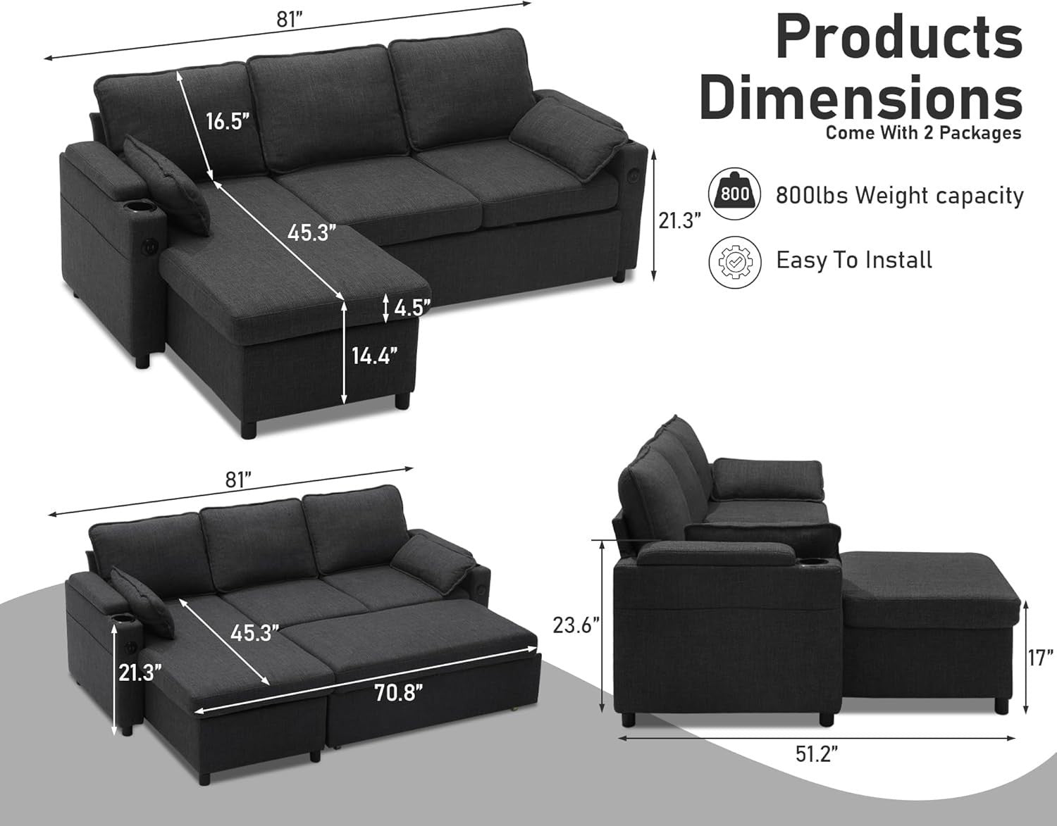 Pull Out Corner Sofa Bed Storage USB Cup Holder Sleeper Couch Grey