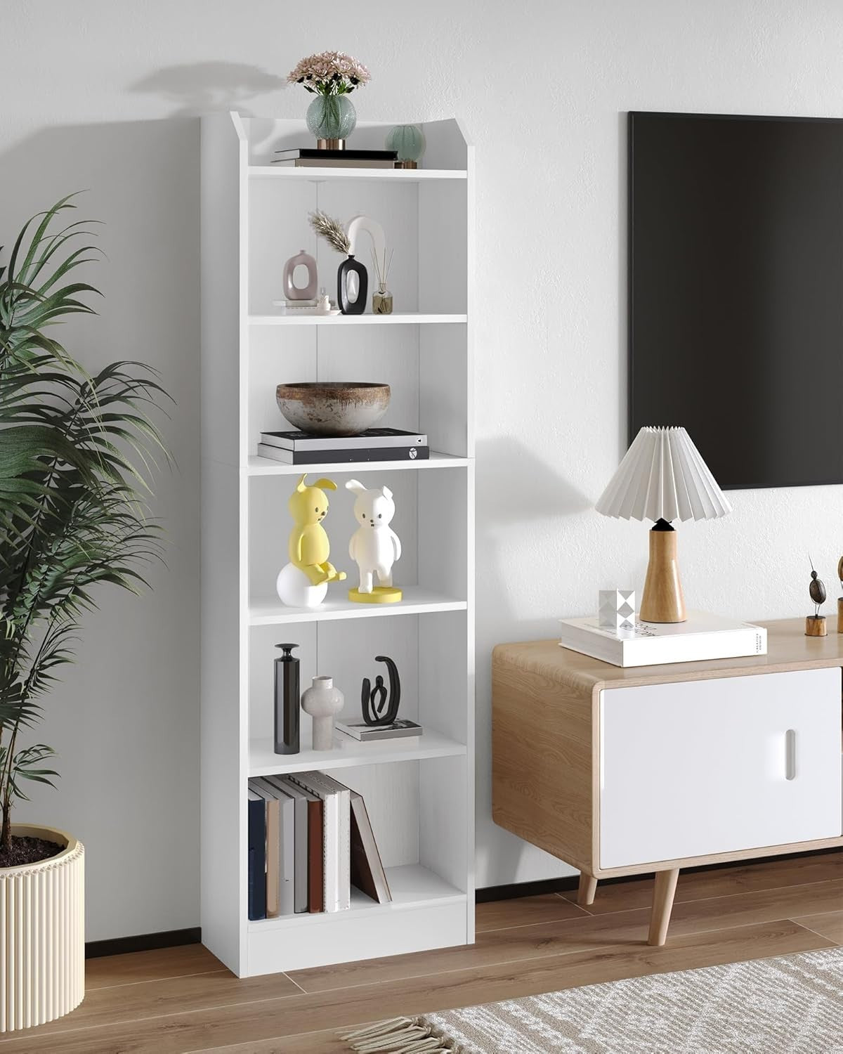 6 Tier Tall Bookcase White Wooden Adjustable Shelf Wide Storage Unit