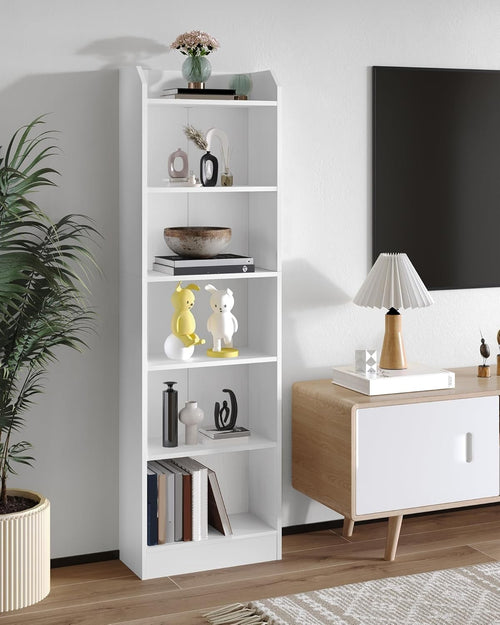 6 Tier Tall Bookcase White Wooden Adjustable Shelf Wide Storage Unit