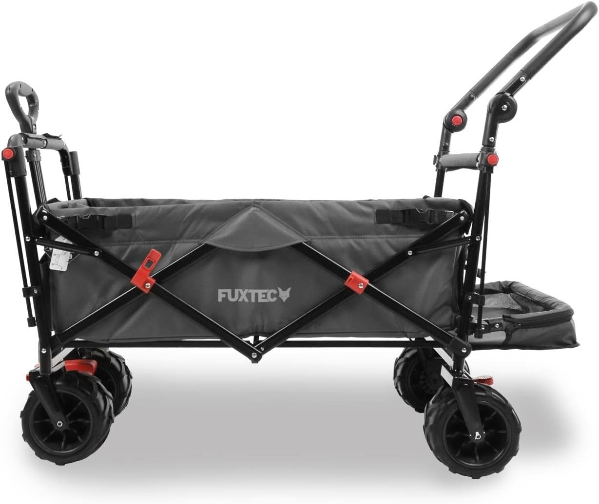 Grey Beach Wagon Foldable Cart w/ Roof Extra-Wide Wheels Push Handle & Brakes