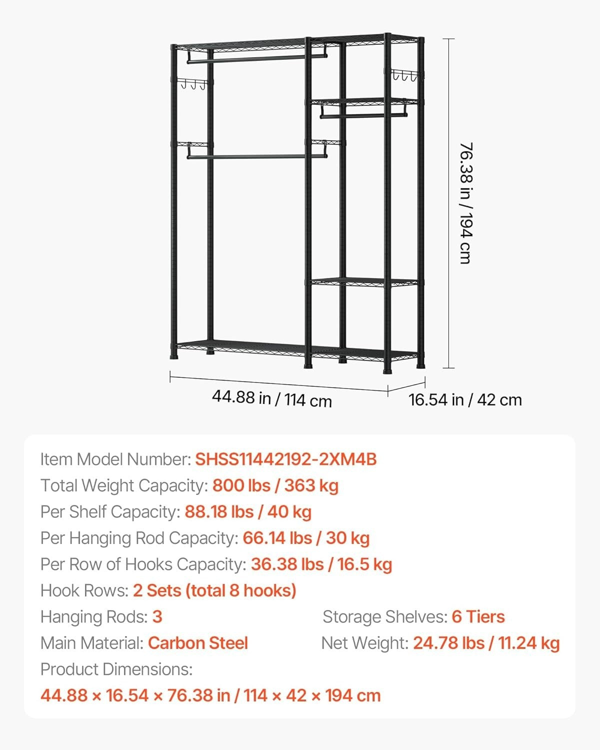 Heavy Duty Clothes Rack 6 Tier Steel Closet 363KG Wardrobe
