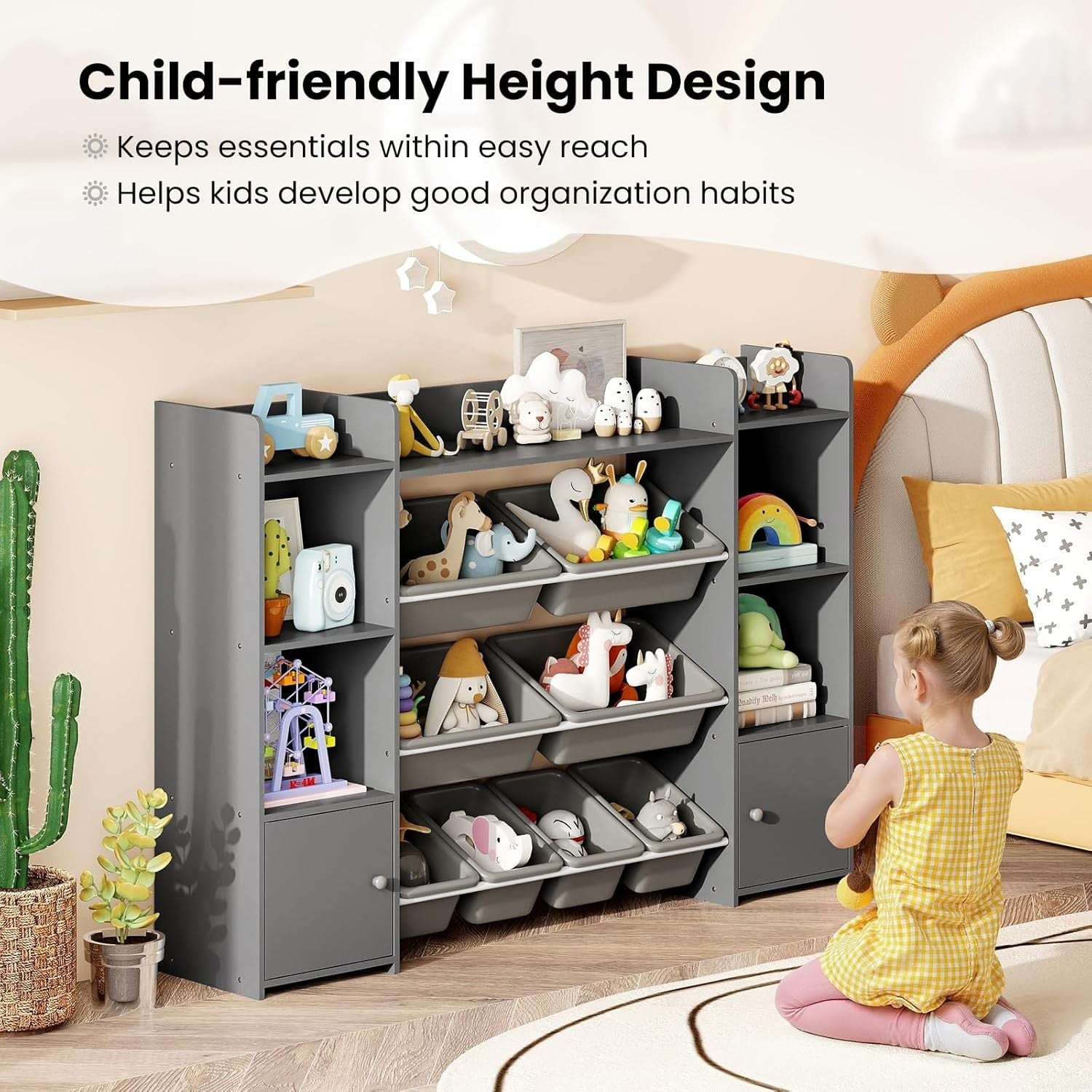 Kids Toy Storage Unit with Bins & Shelves – Large Grey Bookshelf 142cm