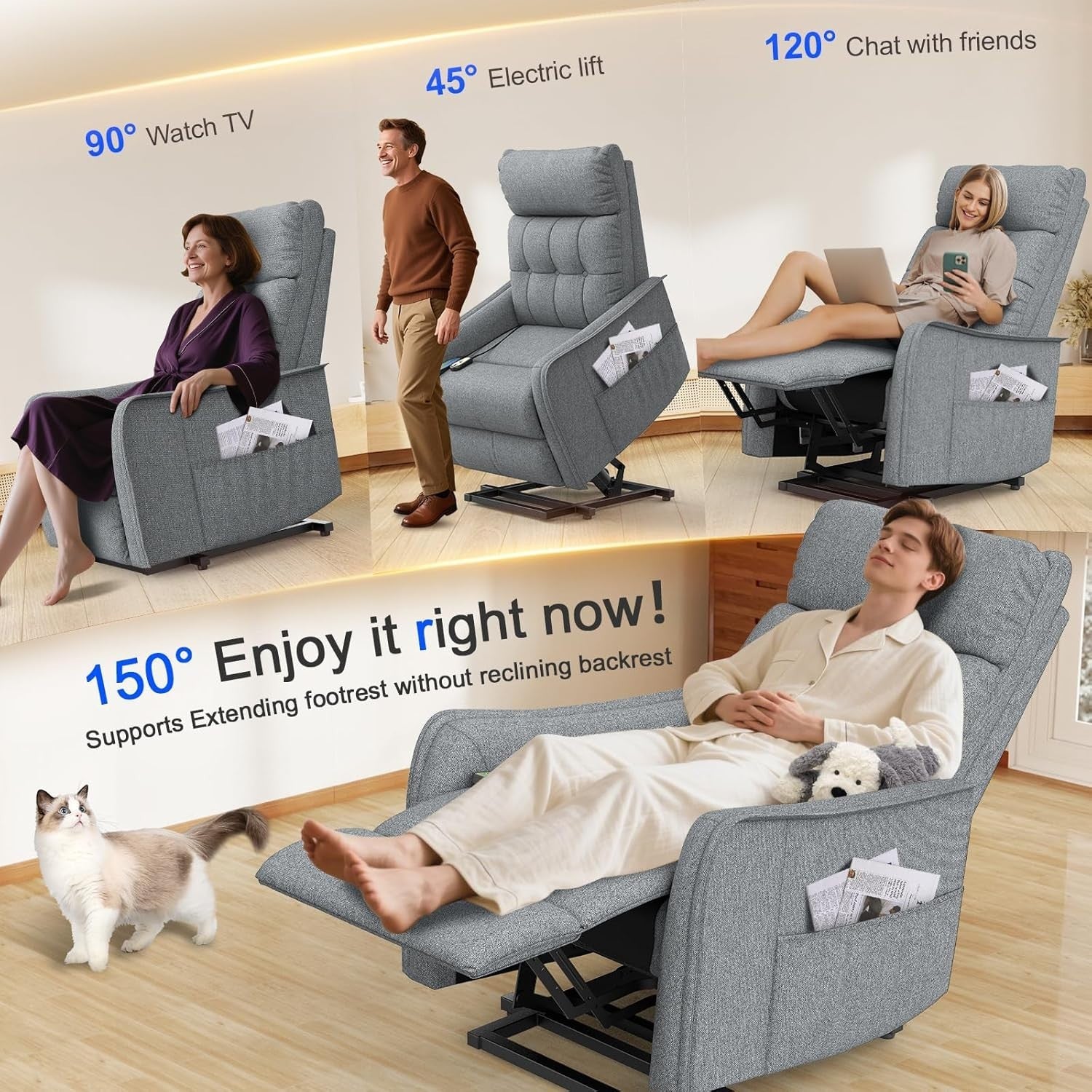 Grey Power Lift Recliner Chair Elderly Massage Heat Remote Controls Footrest