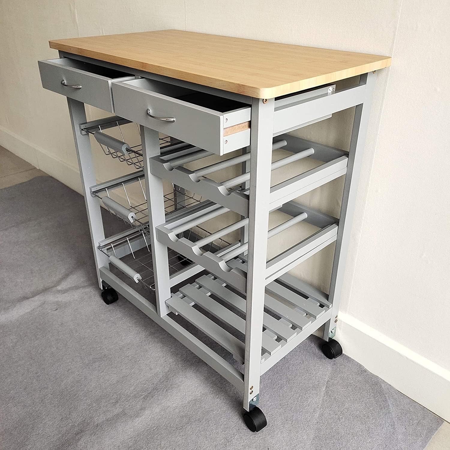 Kitchen Island Trolley on Wheels MDF Worktop Drawers Basket Storage Cart