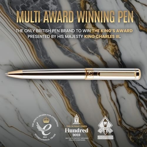 Luxury Silver Chrome Ballpoint Pen Gold Trim Medium Black Ink