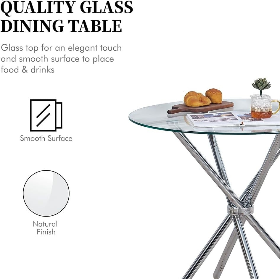 Round Glass Dining Table Set 4 Seater 90cm Silver Gray Faux Leather