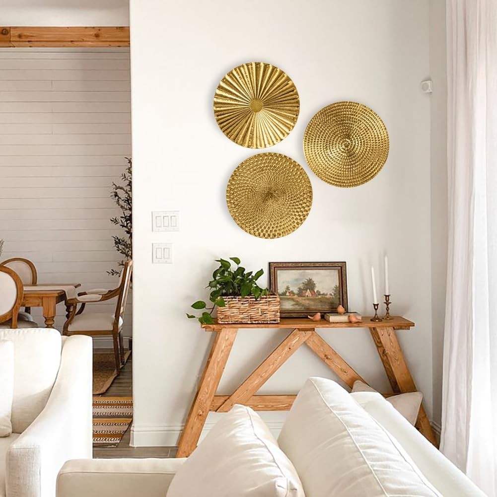 Gold Metal Wall Art Set of 3 Starburst Round Plates 12” Décor