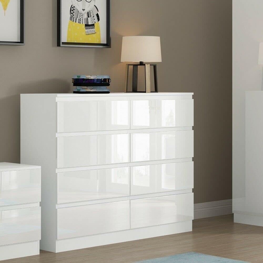 White Gloss 8 Drawer Chest Wide Tall Bedroom Storage Unit Modern 120cm