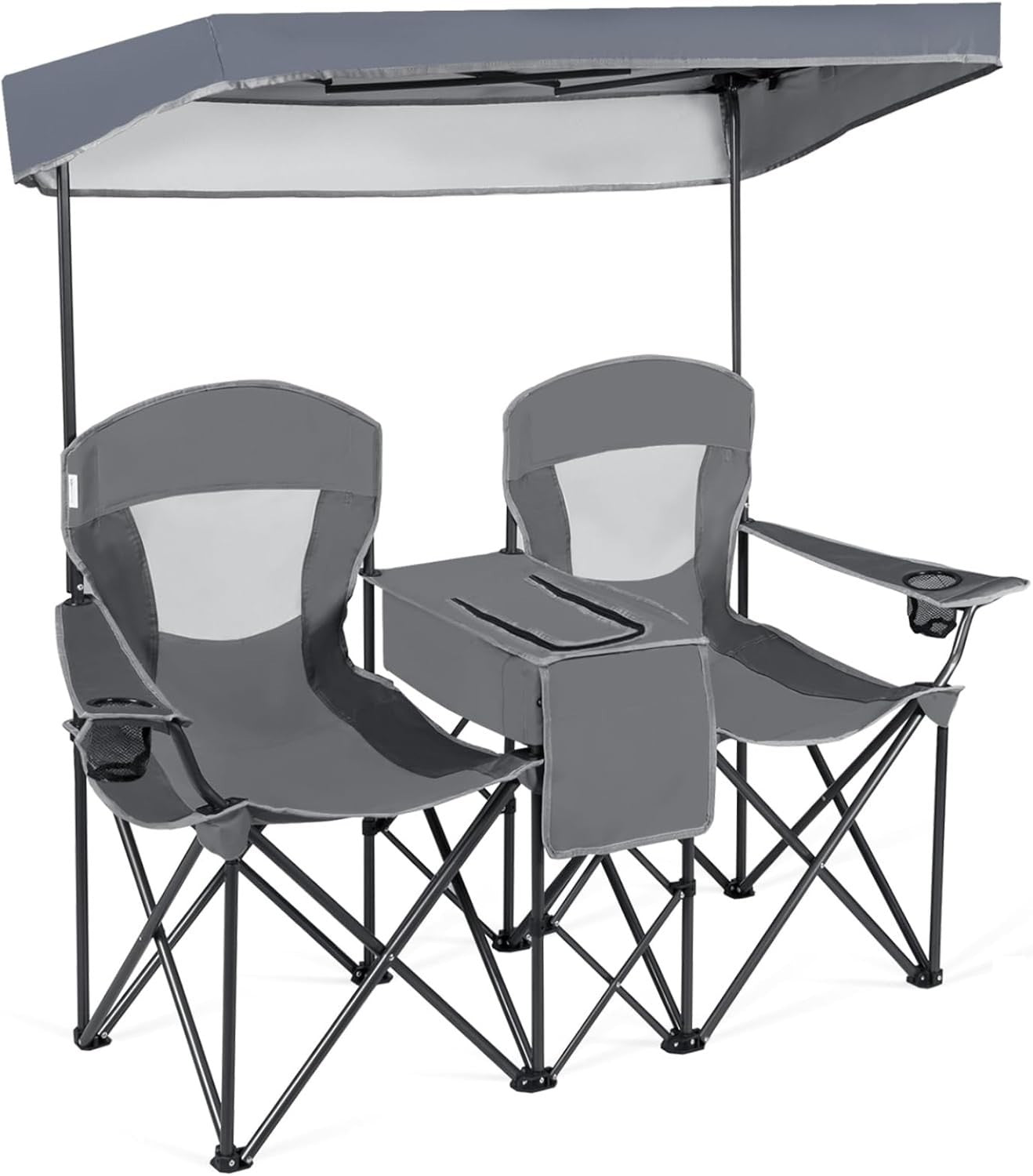Double Camping Chair with Canopy, Cooler Bag & Cup Holders Grey