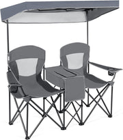 Double Camping Chair with Canopy, Cooler Bag & Cup Holders Grey