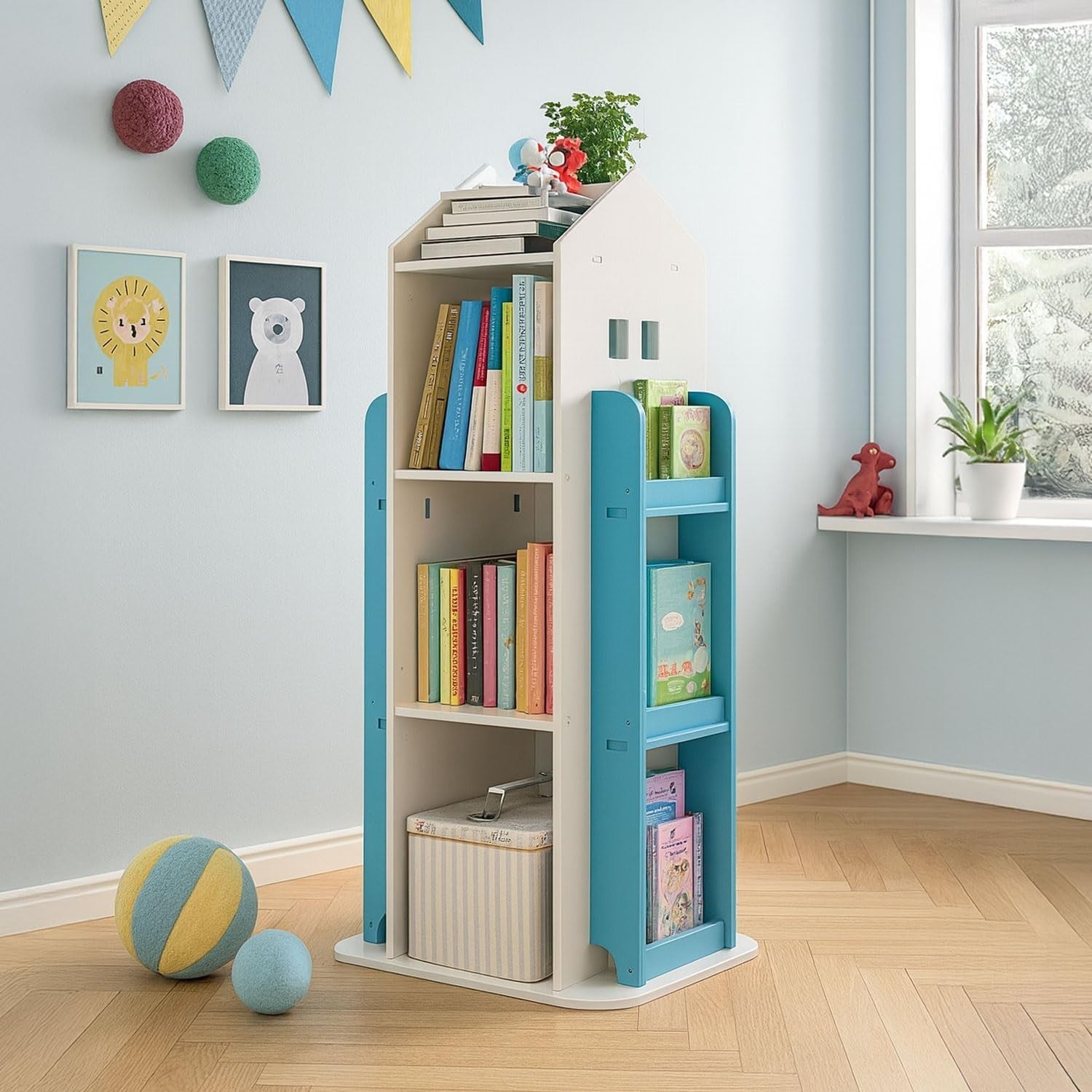 360° Rotating Kids Bookshelf 10-Shelf Freestanding Space-Saving Bookcase Blue