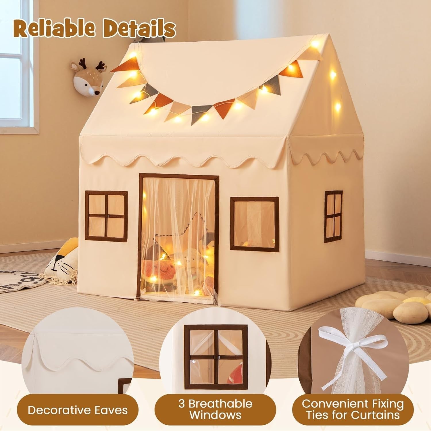 Large Kids Castle Play Tent Indoor Outdoor w Lights Mat Windows Flags