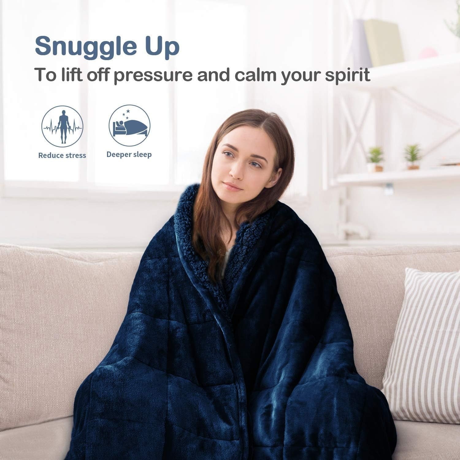 9kg Weighted Blanket Navy Blue Sherpa Plush Fleece 150x200cm for Relaxation