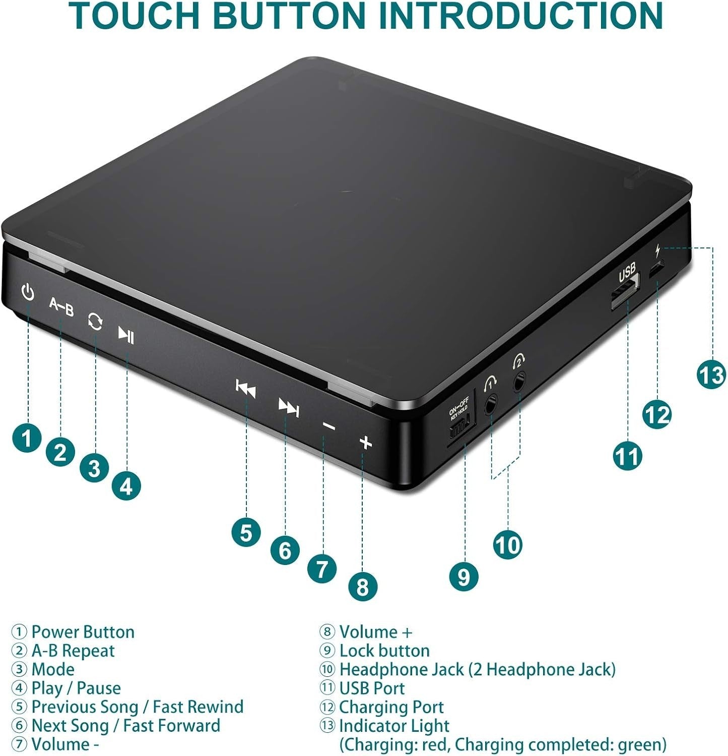 Portable CD Player Rechargeable Anti Skip Dual Headphone Jack