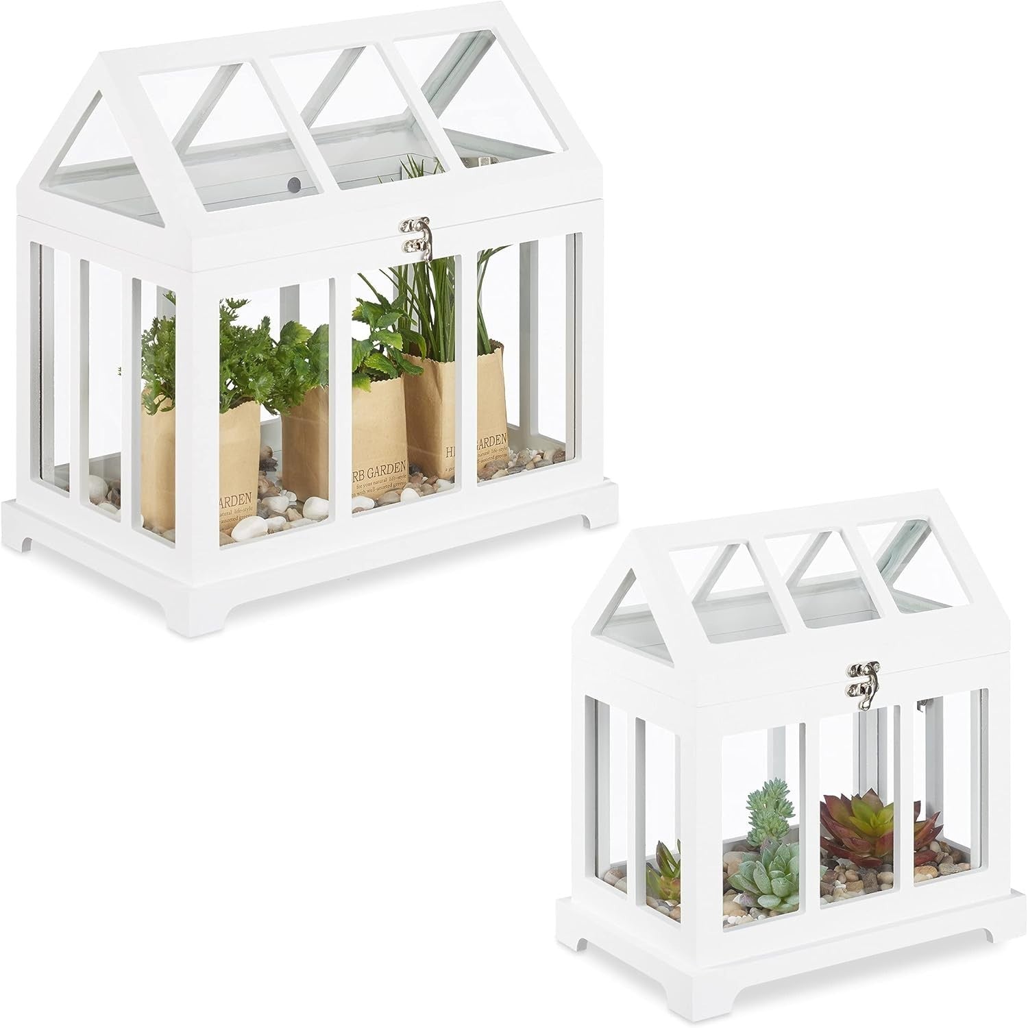 Set of 2 Indoor Mini Greenhouses Glass MDF Herb Planters Decorative Display