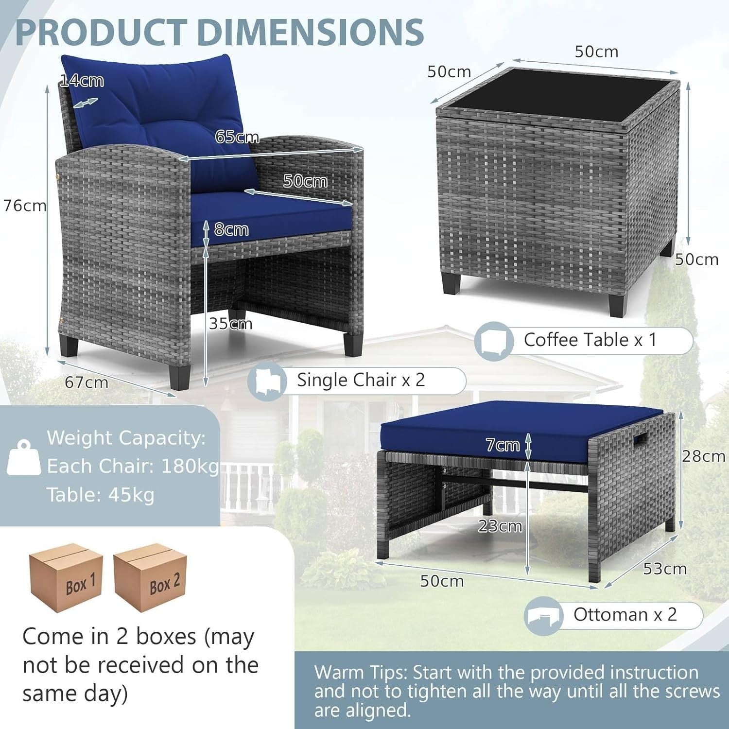 5 Piece Rattan Garden Furniture Set Navy Cushions Patio Sofa Chairs