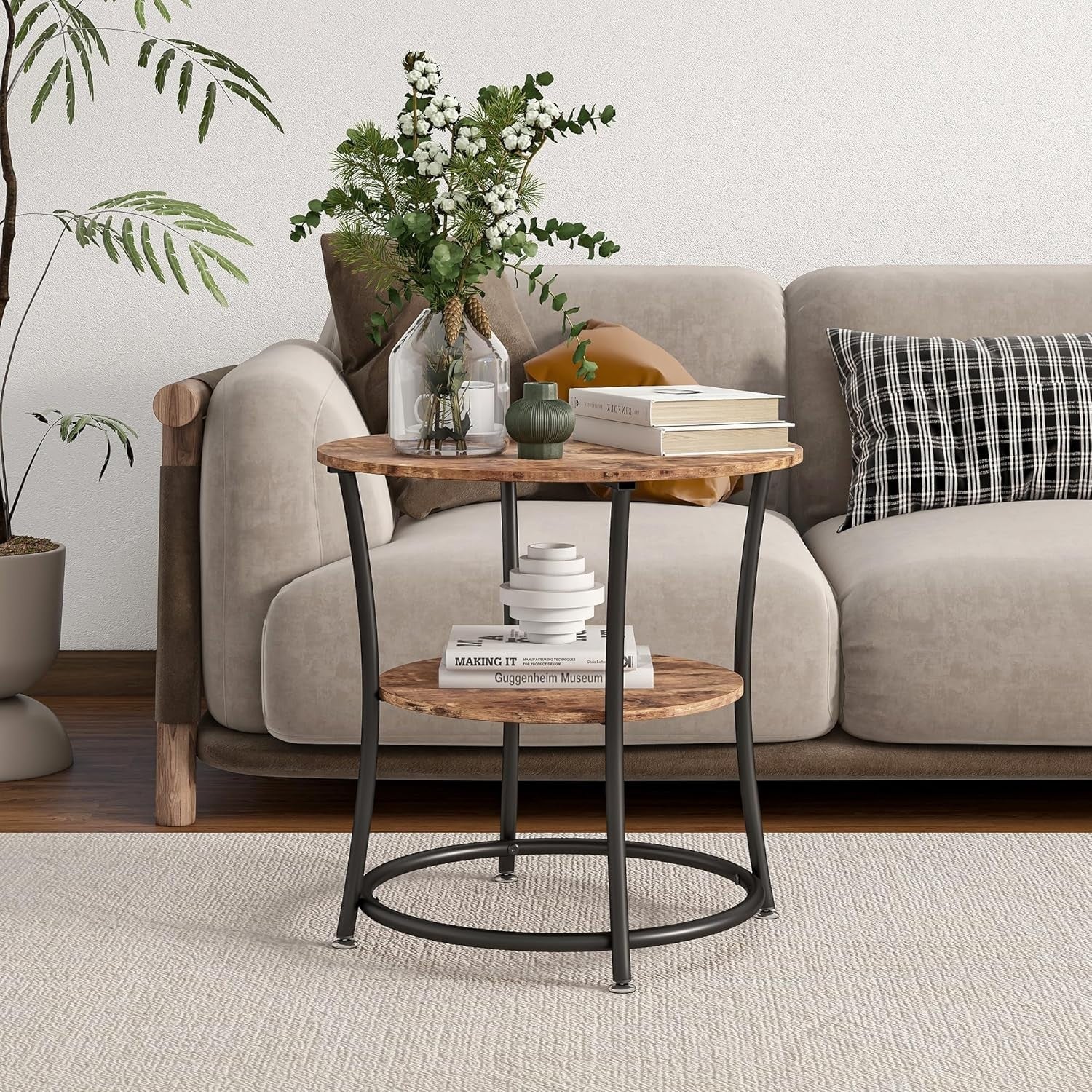 Round 2-Tier Rustic Brown Side Table, 55cm Coffee Table with Storage Shelf