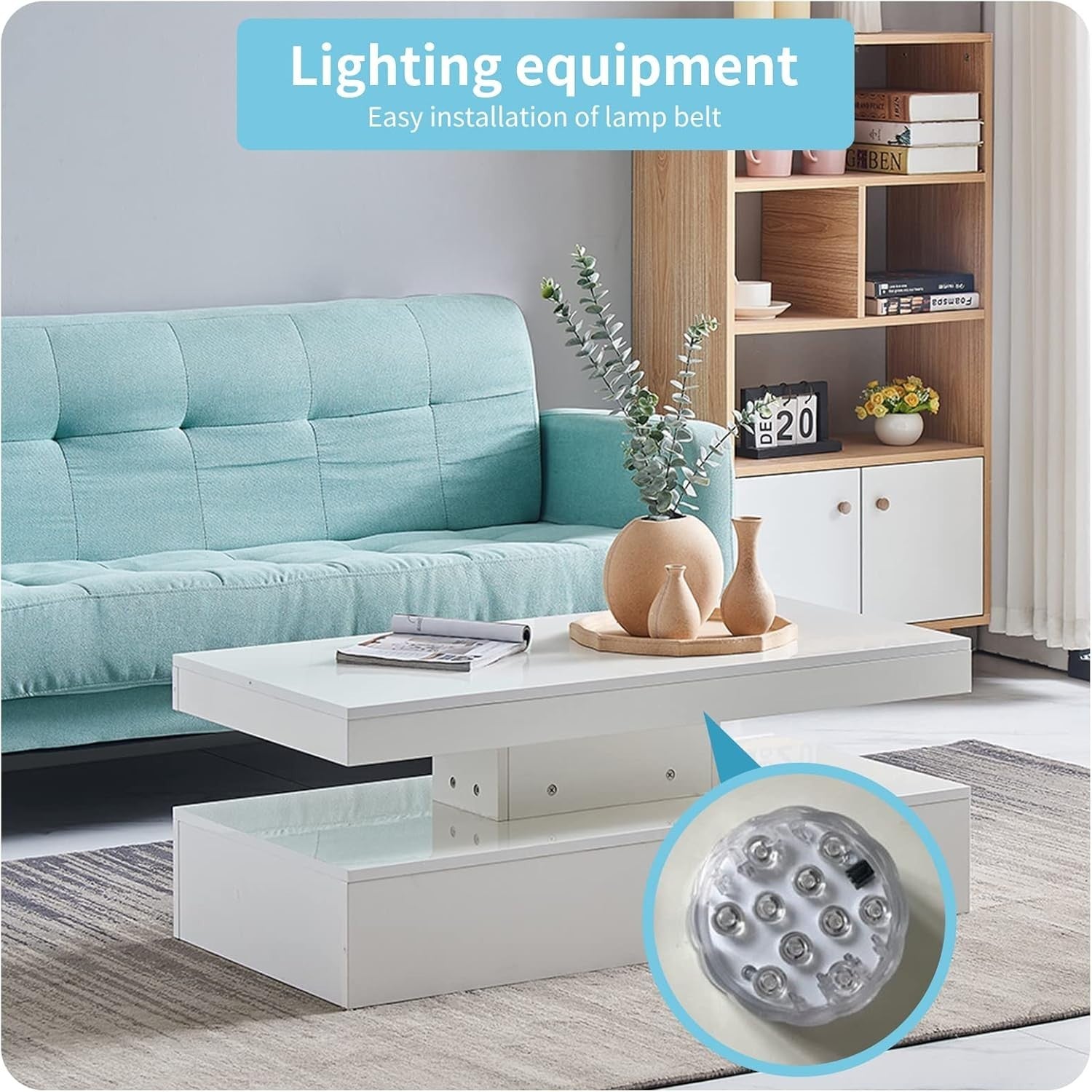 White High Gloss Coffee Table with 16-Color LED Lights – Modern Living Room