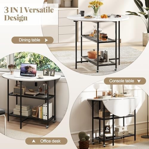 Folding Dining Table with Wheels & Storage Shelves Black + White