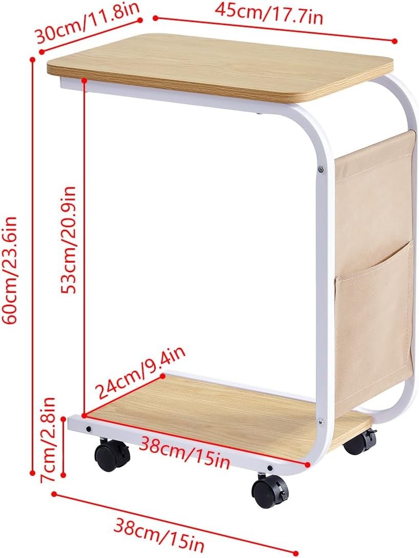 Rectangular C-Shaped Sofa Side Table with Wheels Walnut Wood Metal Frame 60cm