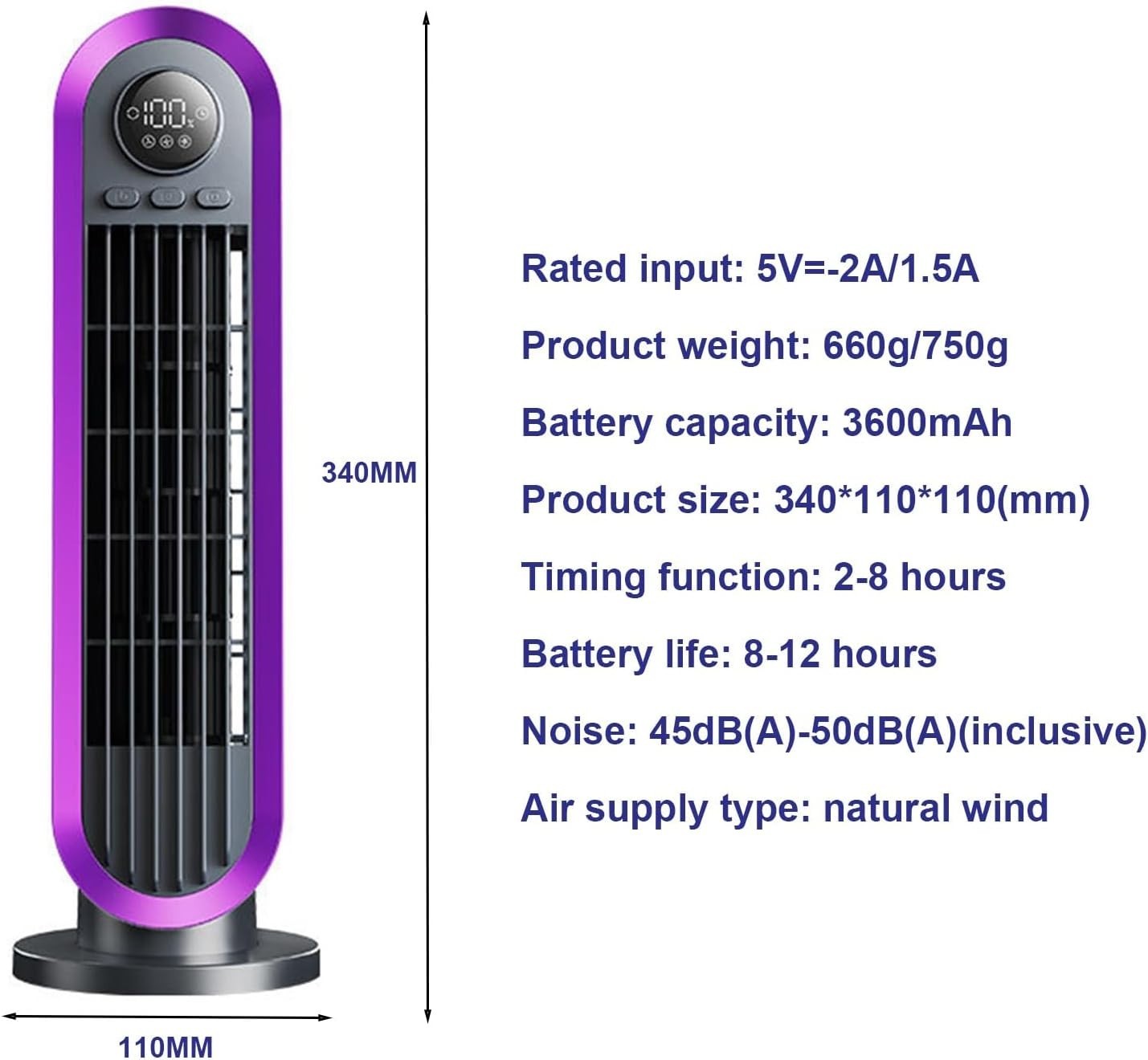 Silent Tower Fan 90° Oscillating 3-Speed Quiet Cooling LED Display Timer Purple