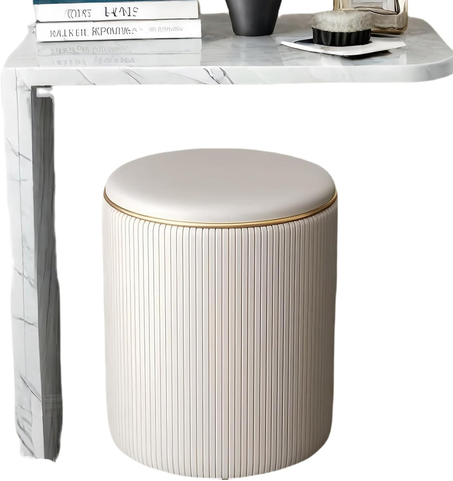Beige Leather Storage Vanity Stool Compact Dressing Table Chair with Solid Wood