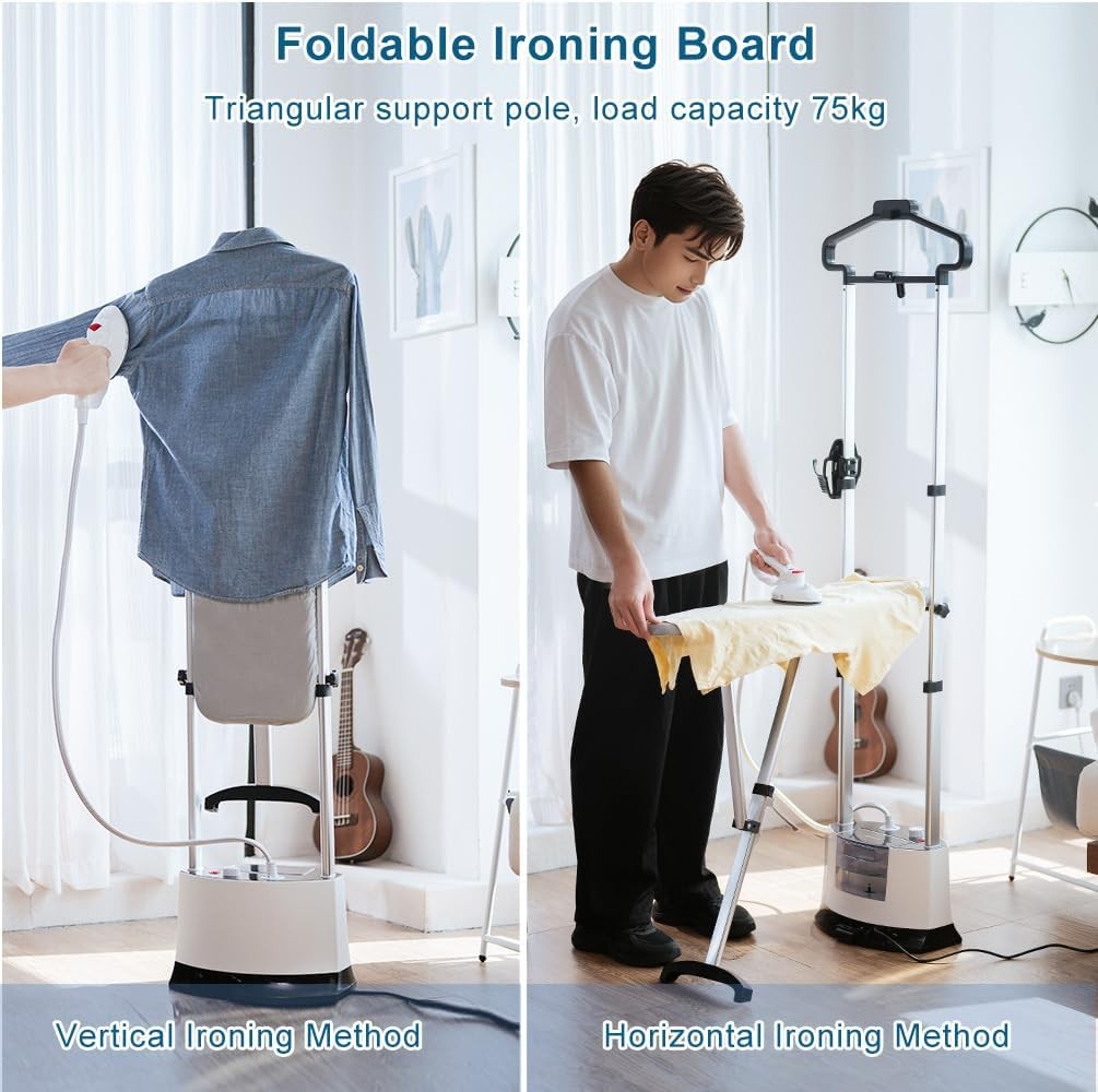 White Vertical Garment Steamer with Ironing Board 12 Steam Levels Stand
