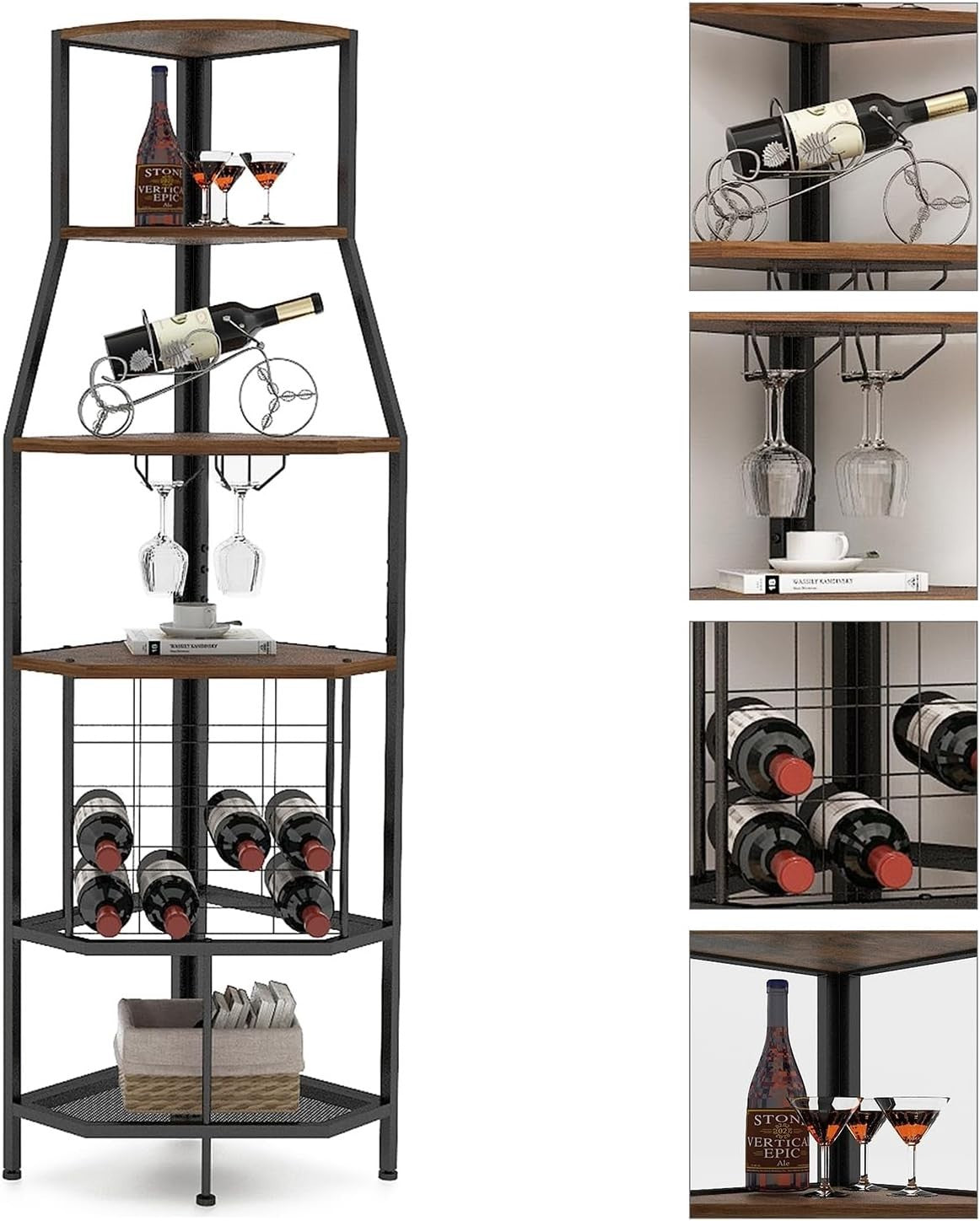 Corner Wine Rack Bar Cabinet with Glass Holder & 5-Tier Display Shelves – Brown