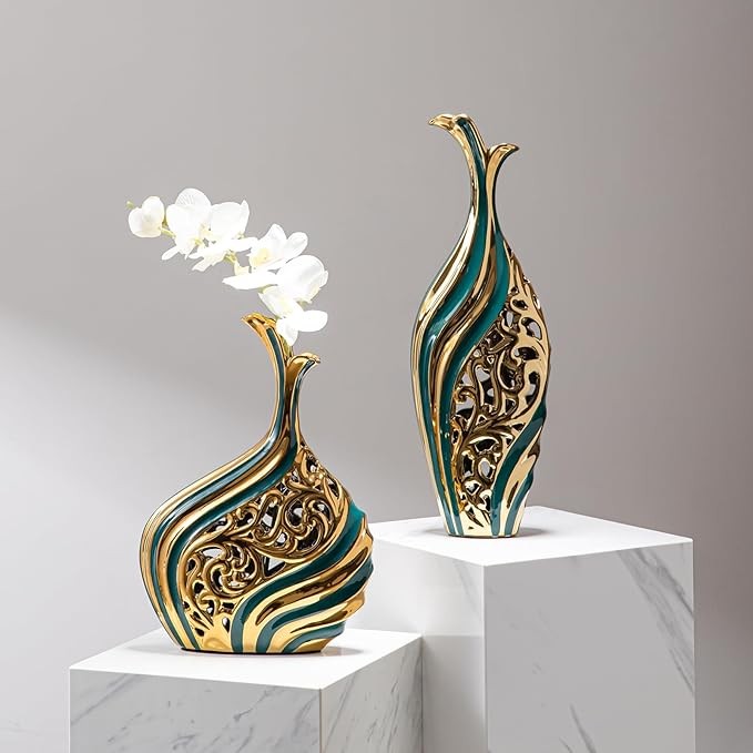 Tall Teal Gold Floor Vase 50cm Modern Luxury Pampas Grass Decor