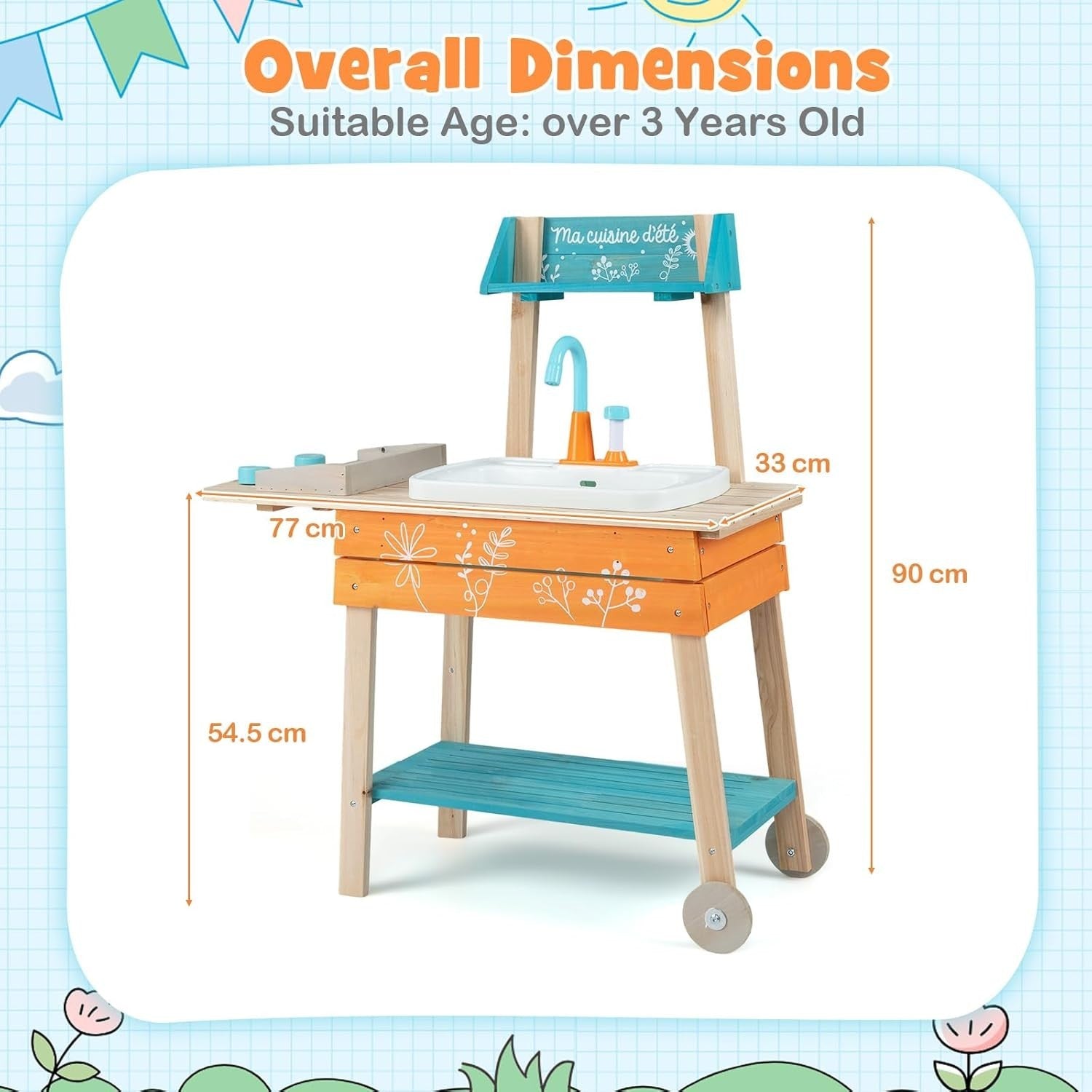 Kids Outdoor Mud Kitchen Wooden Playset Sink Faucet BBQ Toy 3+