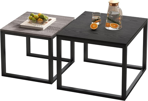 Nesting Coffee Table Set of 2 Modern Square End Side Tables Black-Gray Wood Easy