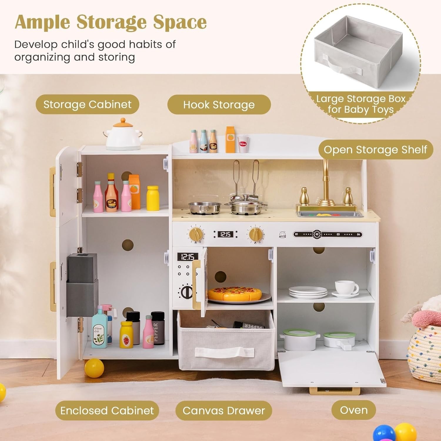 Wooden Kids Play Kitchen White Ice Maker Dishwasher Cooking Toy