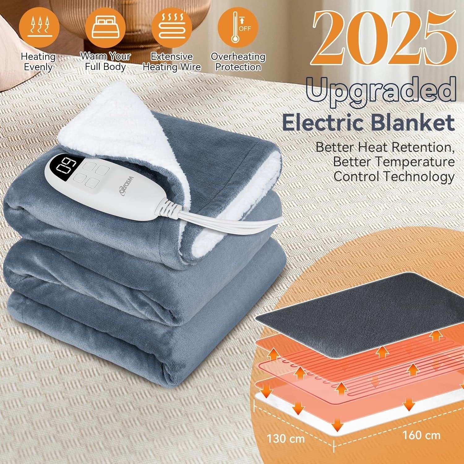 Electric Heated Throw Blanket 160x130cm 9 Heat Levels Auto Off Washable