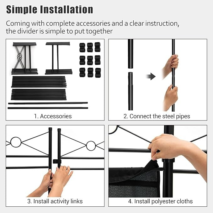 Black 4 Panel Folding Room Divider – Freestanding Privacy Screen with Removable