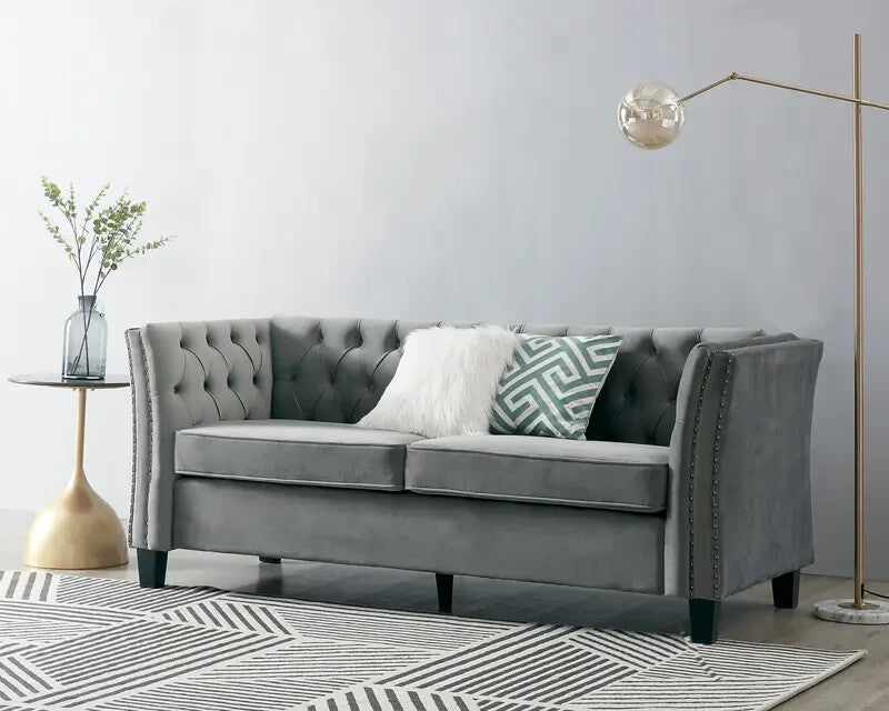 3 Seater Chesterfield Sofa Light Grey Velvet | Deep Cushions Solid Frame