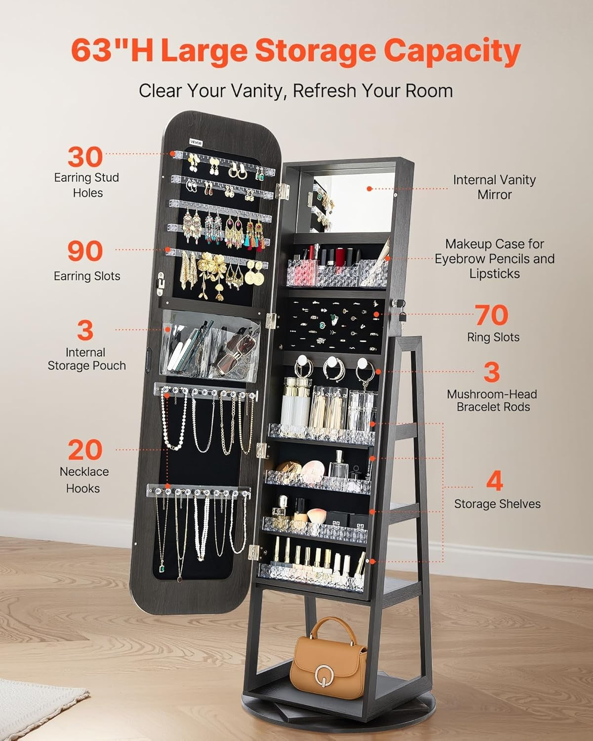 Black 360 Swivel Jewelry Armoire Full Length Mirror Lockable Storage