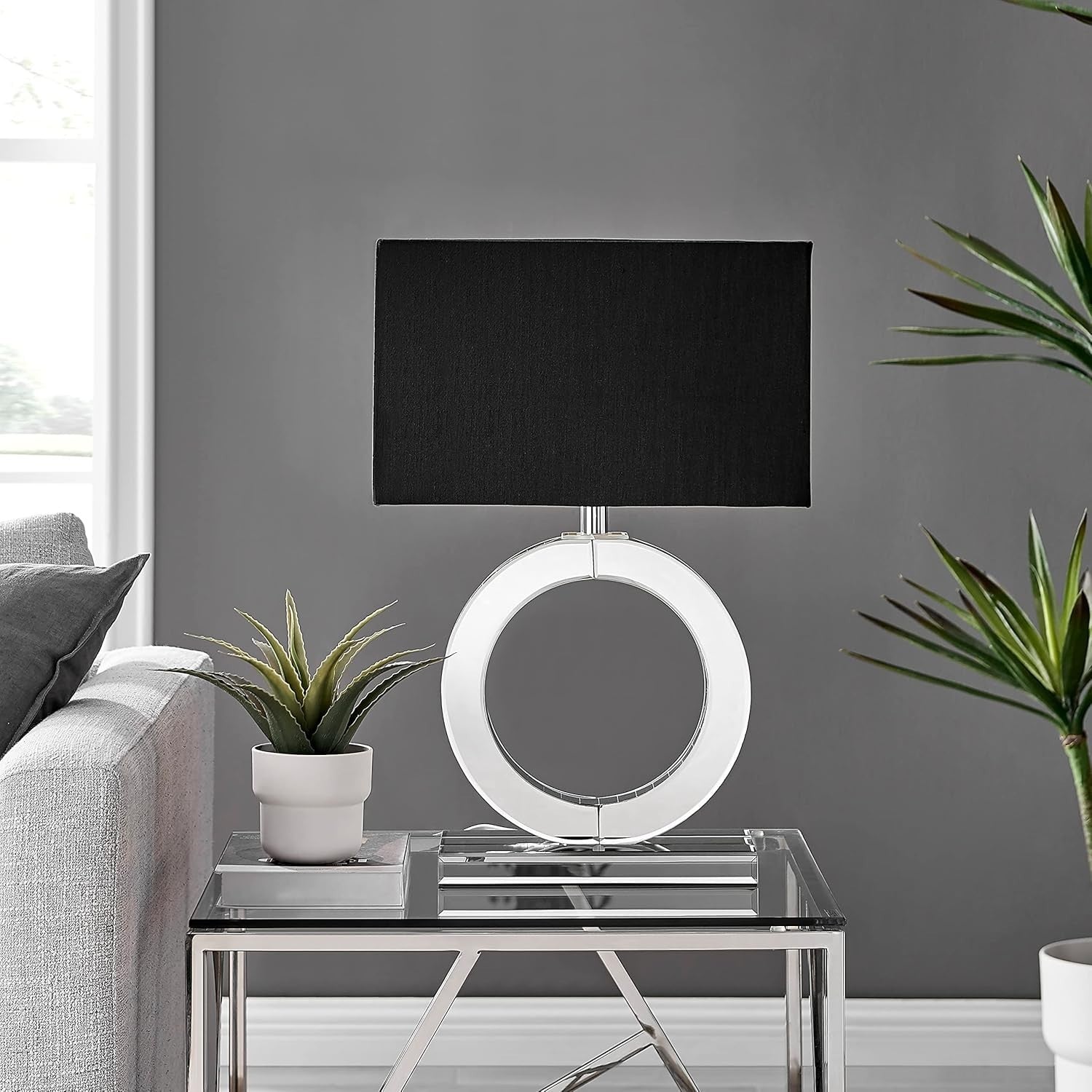 Luxury Table Lamp with Mirrored Base & Black Fabric Shade, E27 Bulb Included