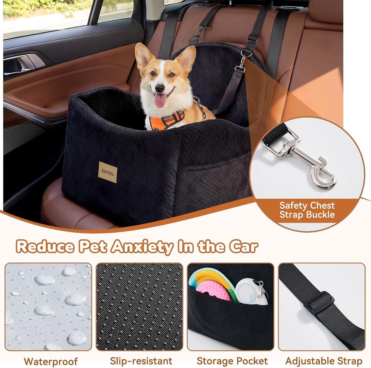 Dog Booster Car Seat Washable Travel Bed Safety Leash 40lb Black