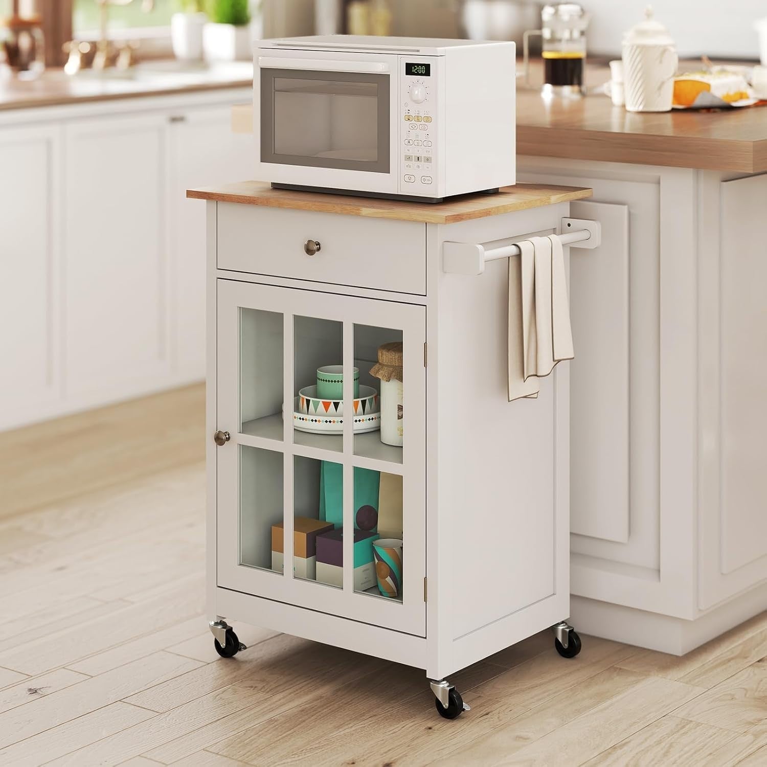 Kitchen Island on Wheels Rubber Wood Top Cabinet
