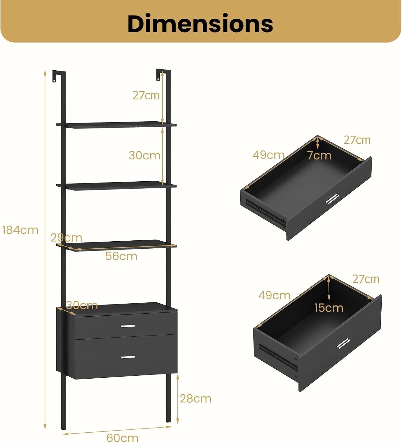 6 Tier Ladder Shelf Wall Mounted Bookcase with Drawers Metal Wood