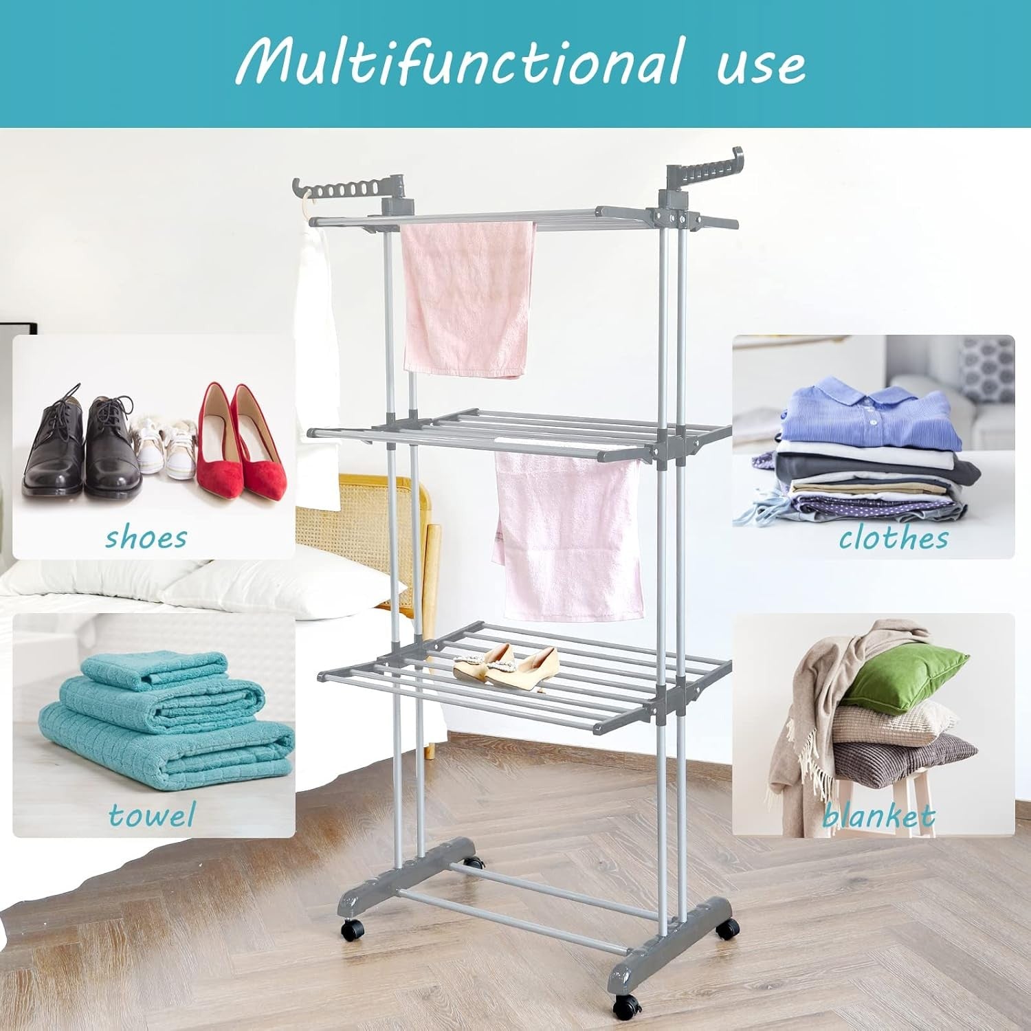 4 Tier Clothes Airer Folding Laundry Drying Rack with Wheels Space Saving