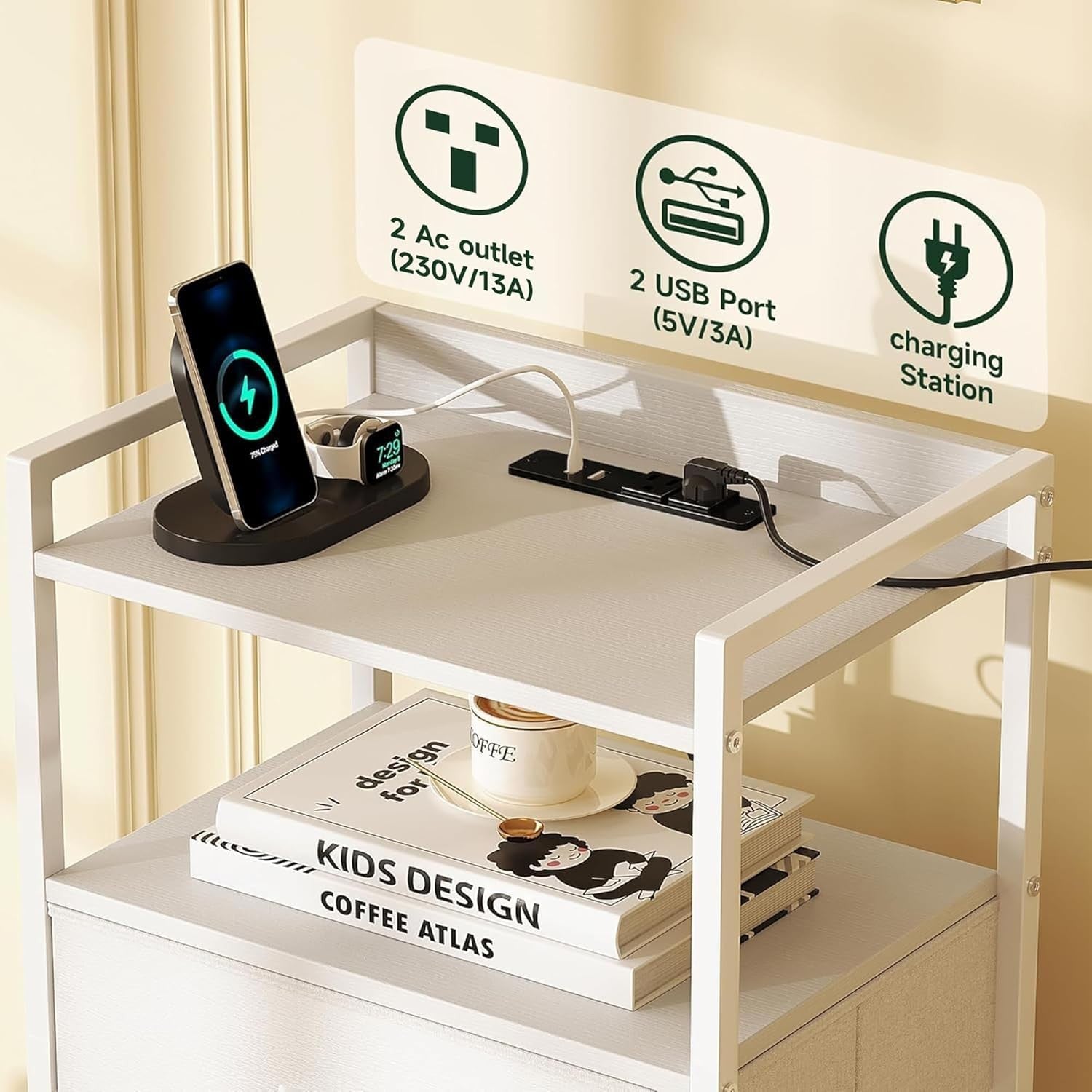 Tall White LED Bedside Table with Charging Ports 5-Drawer Modern Storage Unit