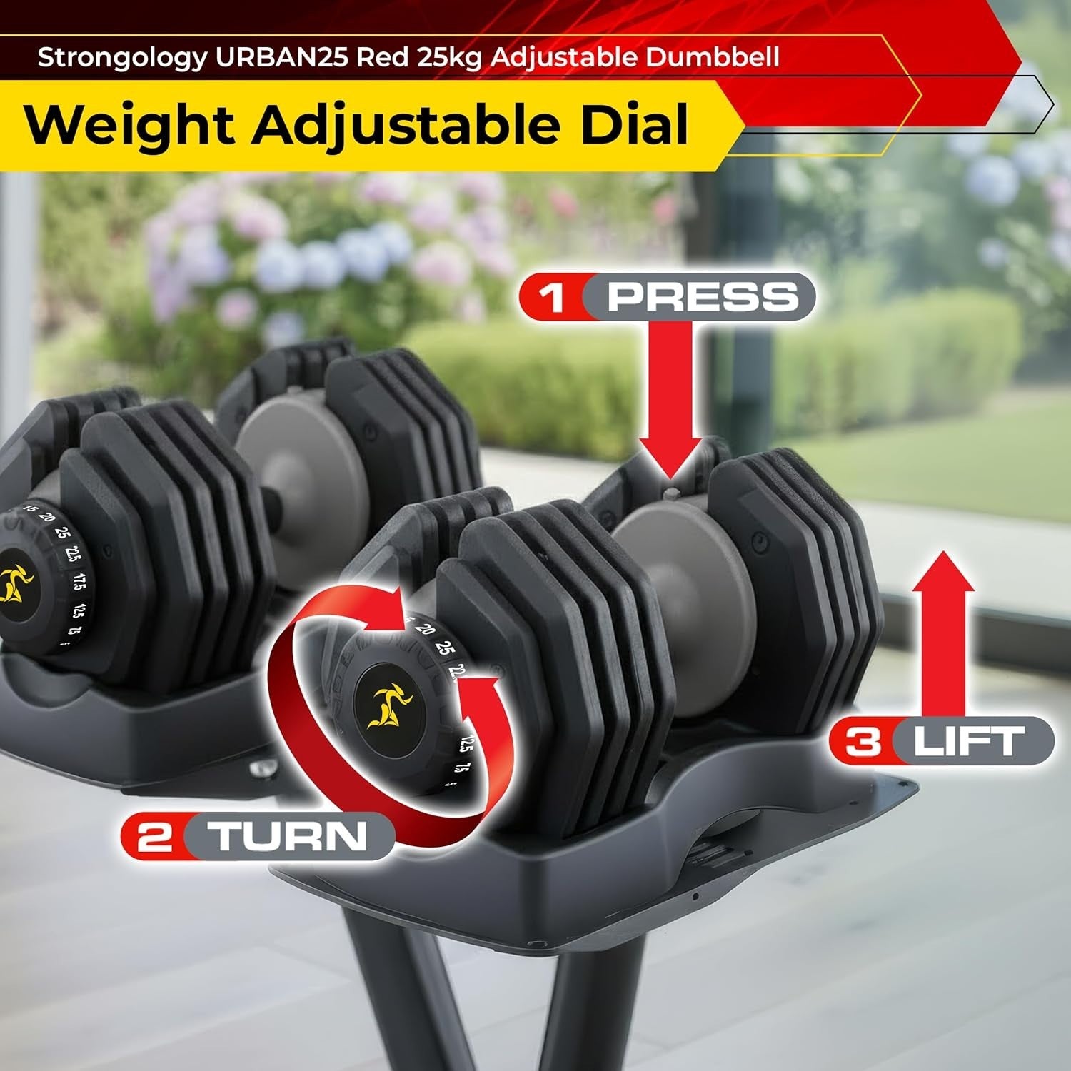 25KG Adjustable Dumbbell Pair Smart Dial Weights Space Saving Home Gym