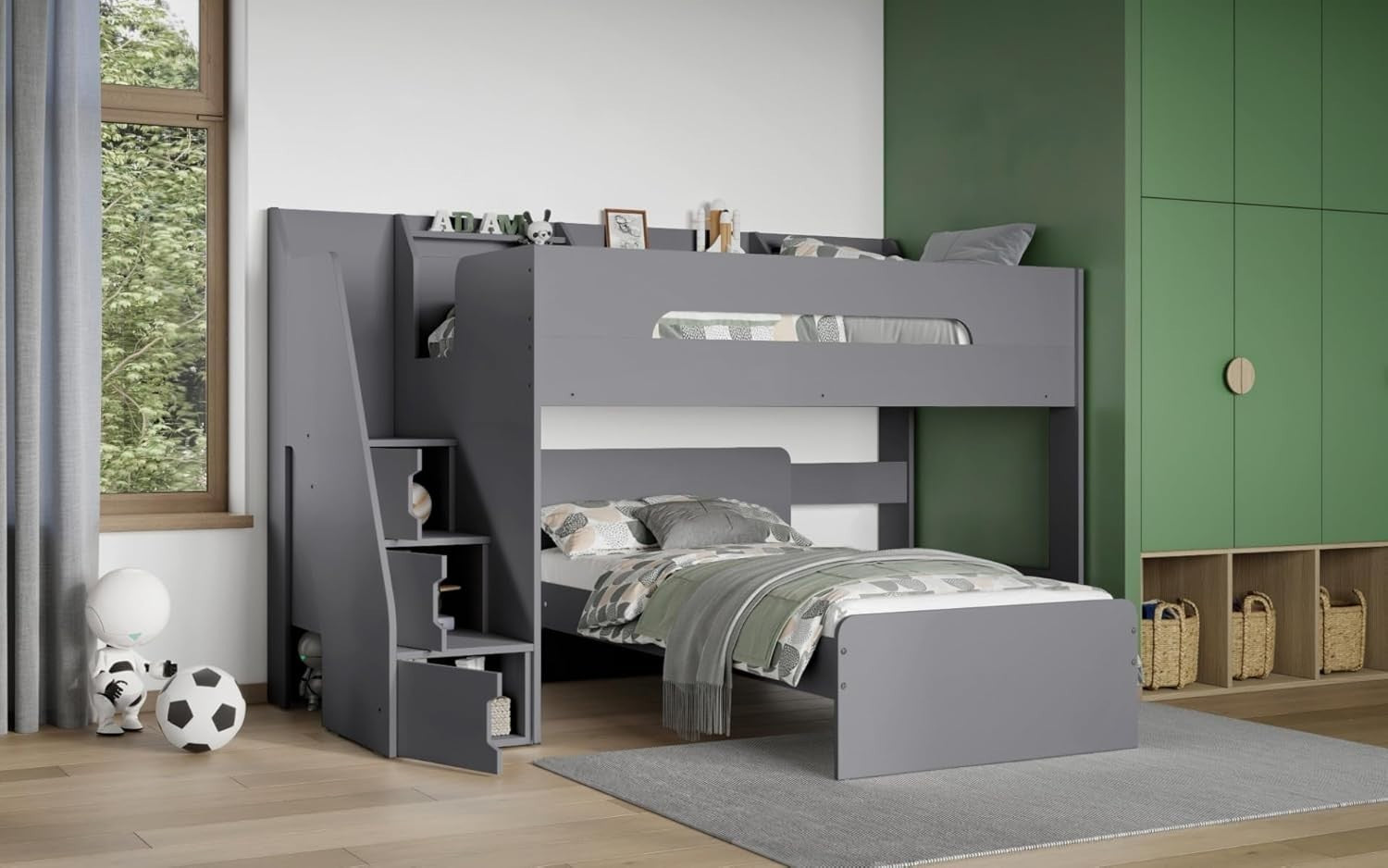 Grey Bunk Bed with Storage Stairs & Shelves for Kids Room Space Saving