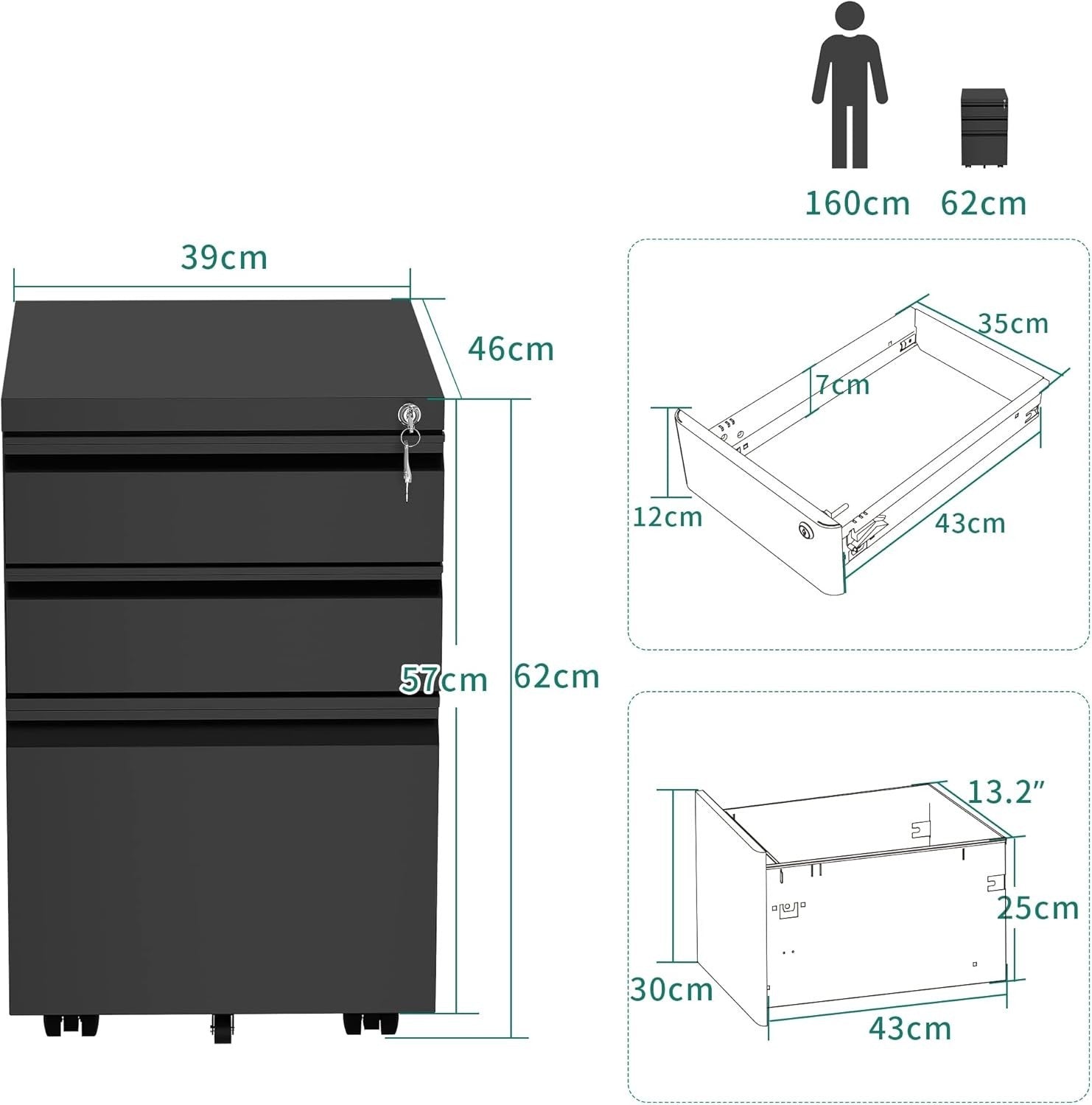 Black Mobile File Cabinet 46x39x62cm Lockable 3 Drawer Steel