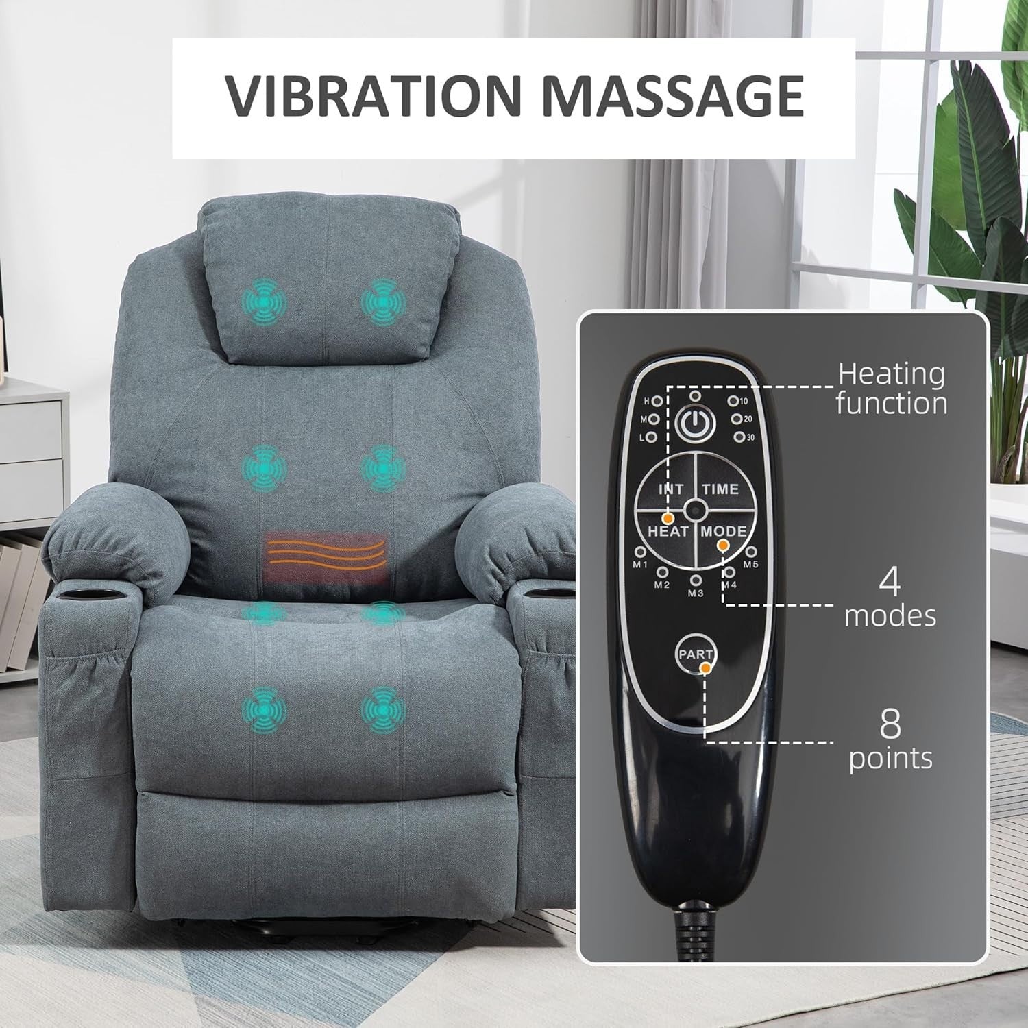 Charcoal Grey Riser Recliner Chair Massage Heat Lift Armchair with Cup Holders