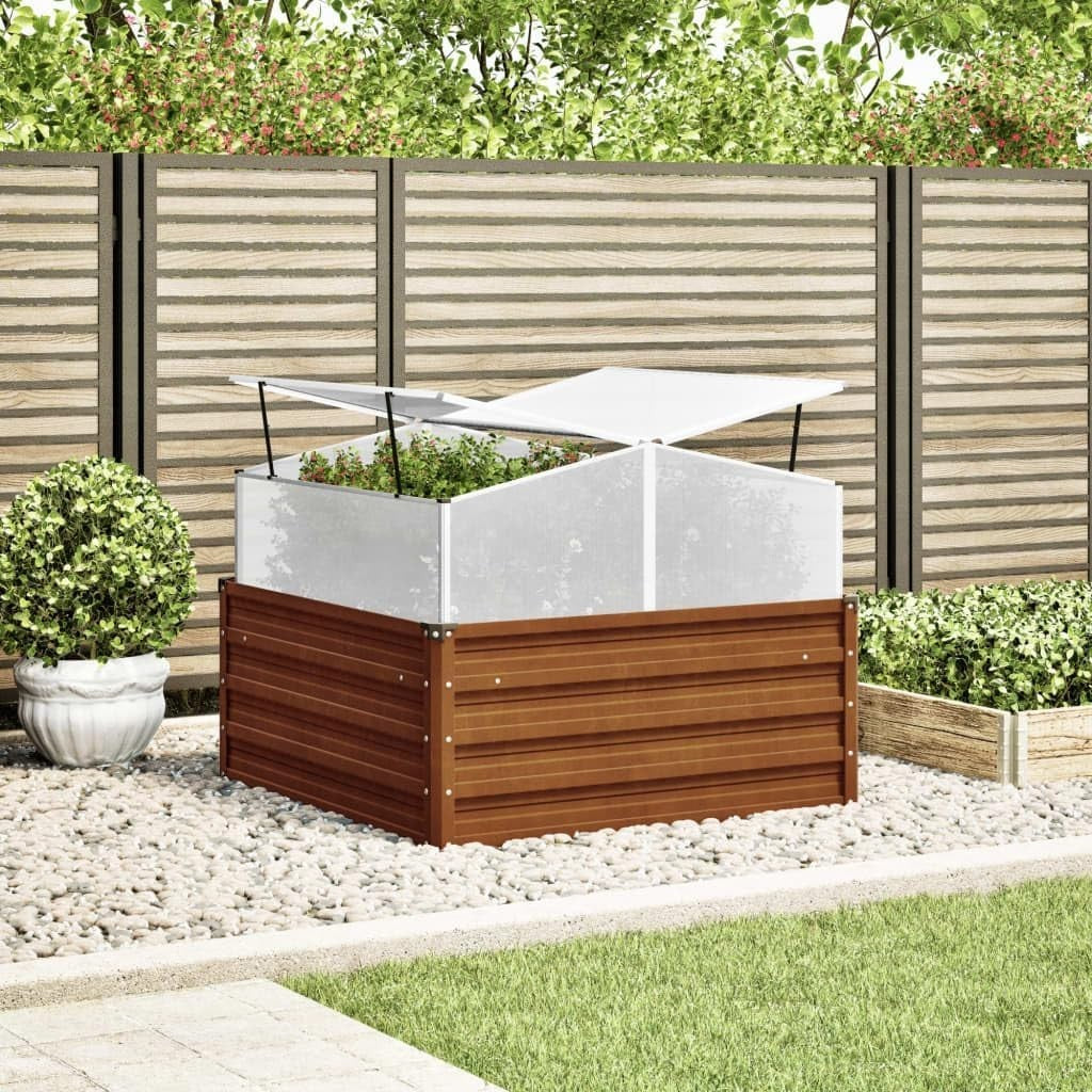 Outdoor Weathering Steel Raised Garden Planter with Greenhouse 100x100x77cm