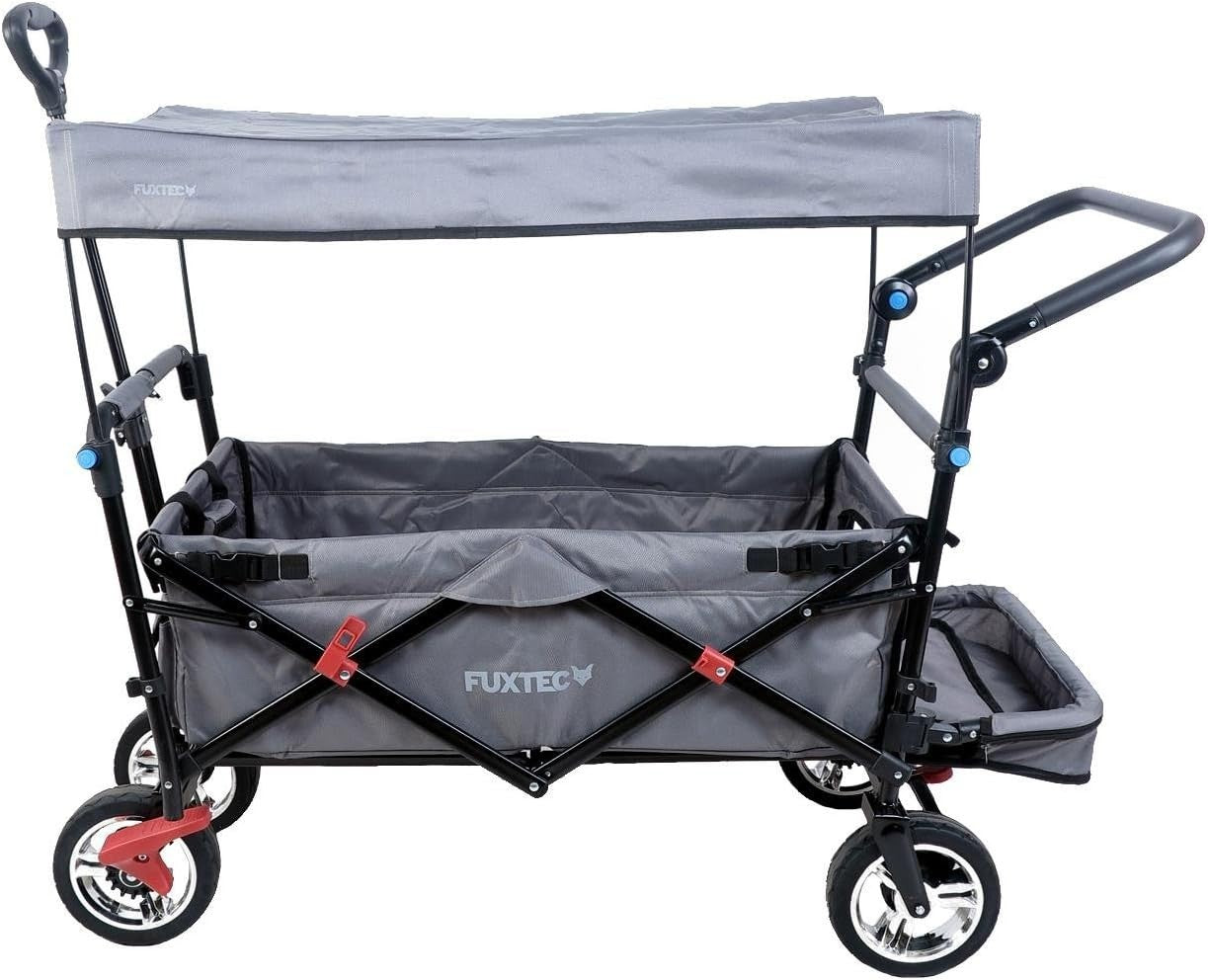 Grey Folding Kids Wagon w/ Roof Push Pull Cart Brakes Solid Wheels & Extension