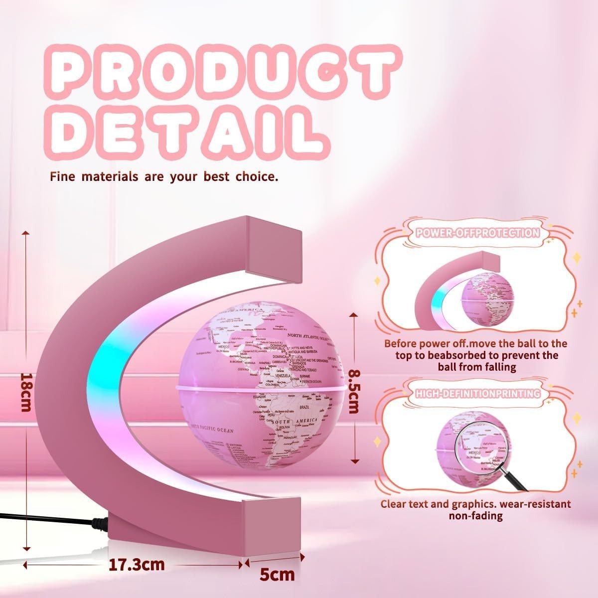Magnetic Levitating Globe Pink LED Floating Desk Self-Rotating Lamp
